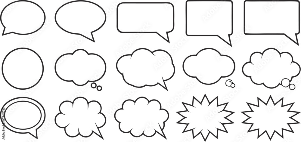 Fototapeta premium Variety of Black and White Comic Speech Bubbles Representing Communication Styles and Expressive Dialogue Balloons for Creative Visual Storytelling