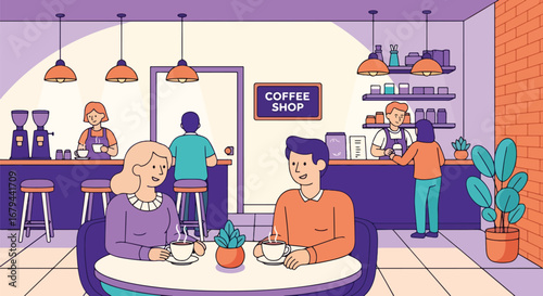 Flat illustration of people enjoying coffee and chatting in a cozy coffee shop with baristas preparing drinks, showcasing social interaction, lifestyle, and modern café culture