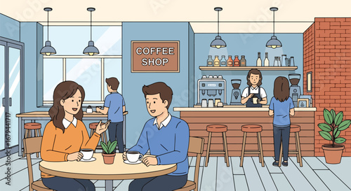 Flat illustration of people enjoying coffee and chatting in a cozy coffee shop with baristas preparing drinks, showcasing social interaction, lifestyle, and modern café culture
