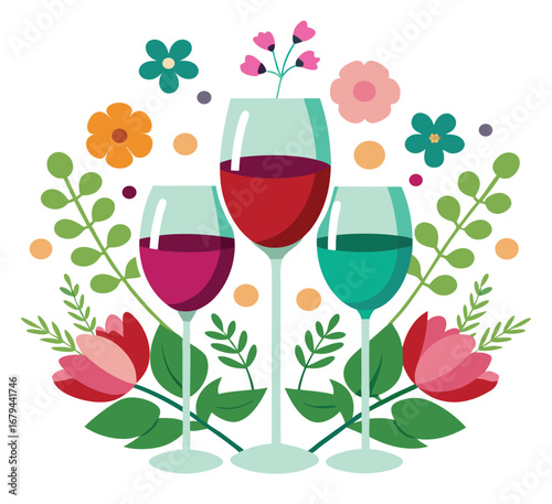 Elegant floral design featuring a wine cup adorned with colorful blossoms on a clean white background