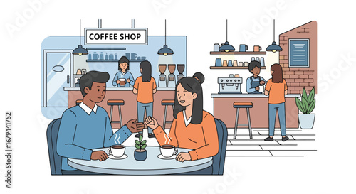 Flat illustration of people enjoying coffee and chatting in a cozy coffee shop with baristas preparing drinks, showcasing social interaction, lifestyle, and modern café culture