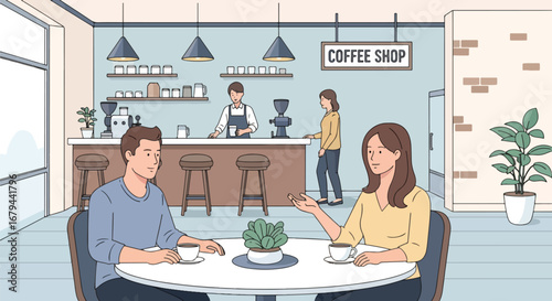 Flat illustration of people enjoying coffee and chatting in a cozy coffee shop with baristas preparing drinks, showcasing social interaction, lifestyle, and modern café culture