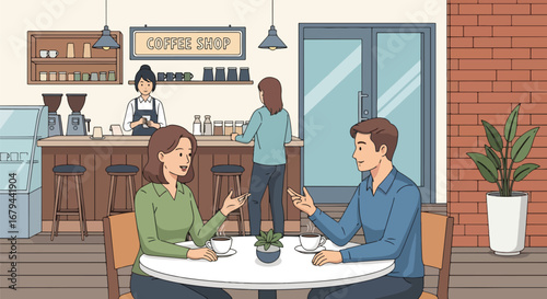 Flat illustration of people enjoying coffee and chatting in a cozy coffee shop with baristas preparing drinks, showcasing social interaction, lifestyle, and modern café culture