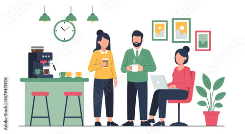 Flat illustration of colleagues talking and working in a modern office coffee corner with a laptop and espresso machine, showing teamwork, networking, and workplace collaboration