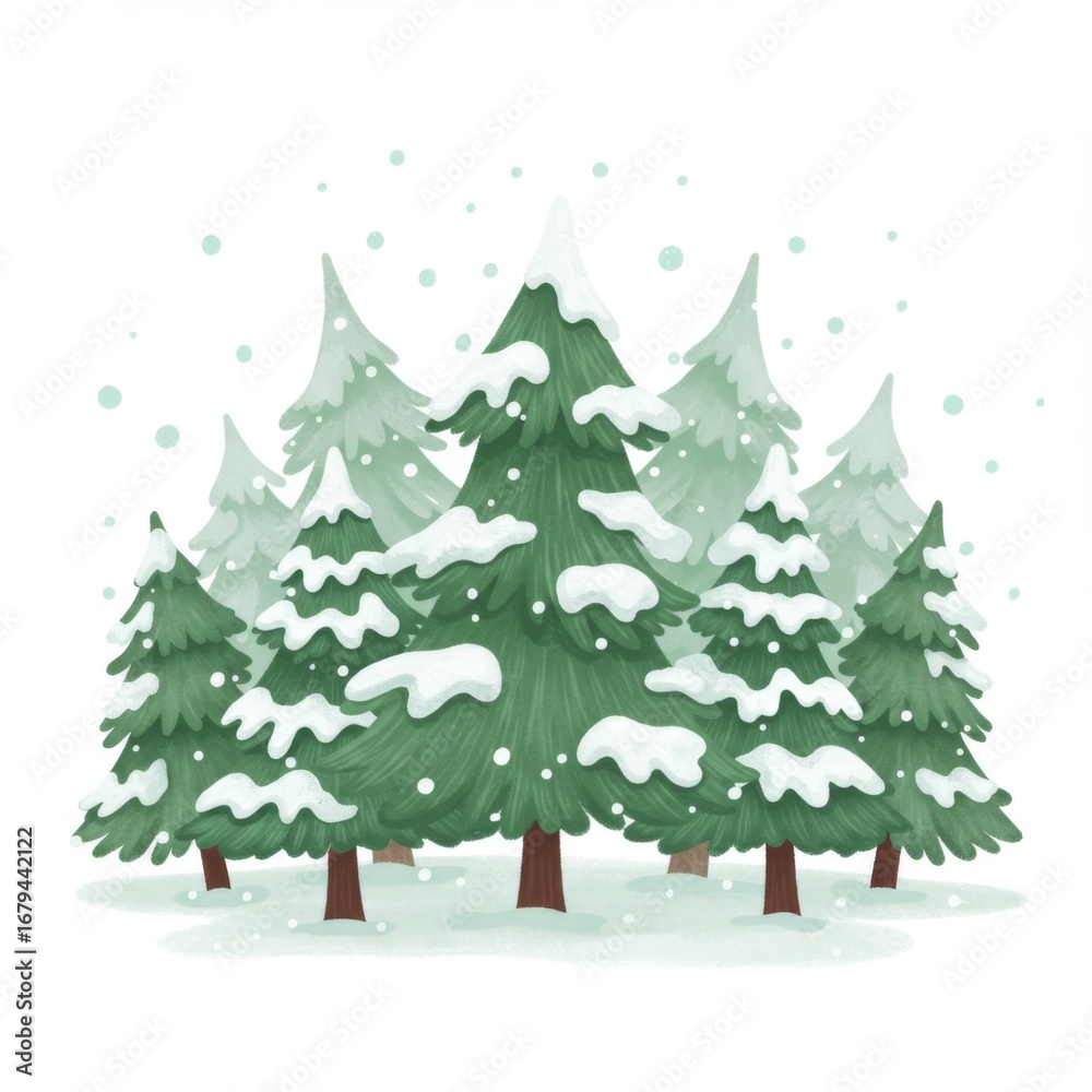 Fototapeta premium Watercolor Snow Covered Evergreen Trees in Winter Forest Landscape