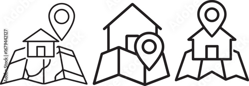 House with Location Pin on Map Line Icon Black and White Real Estate, Property Location, Home Search, Navigation Vector