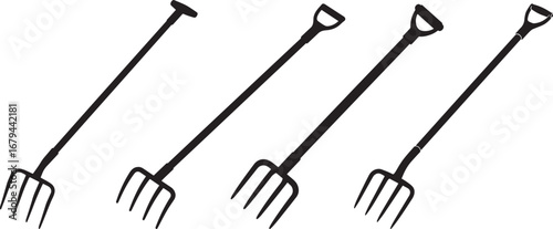 Four pitchfork tools in silhouette isolated on white background