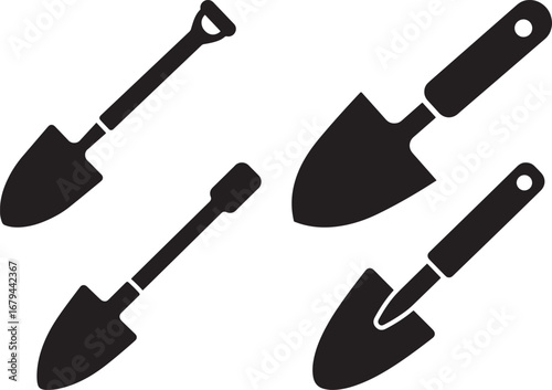 Four different silhouette garden spade and shovel tools isolated on white background