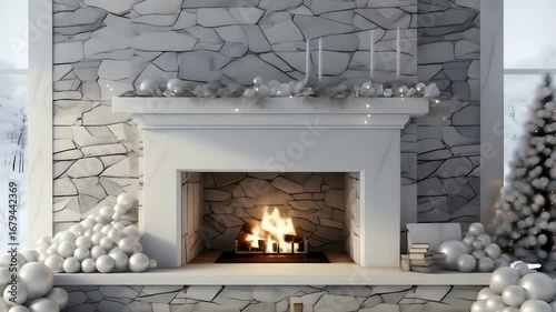 A cozy Christmas scene featuring a fireplace adorned with ornaments and candles and a decorated tree