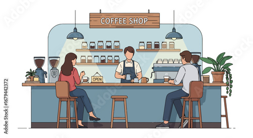 flat style vector illustration of people drinking coffee at a modern coffee shop counter with a barista preparing drinks, highlighting social interaction, lifestyle, and cozy café atmosphere