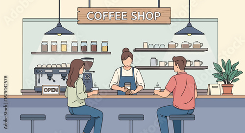 flat style vector illustration of people drinking coffee at a modern coffee shop counter with a barista preparing drinks, highlighting social interaction, lifestyle, and cozy café atmosphere