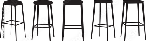Five tall black bar stools in a row silhouette isolated on white background