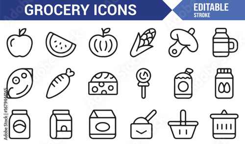 Collection of diverse grocery store icons for shopping and food related designs
