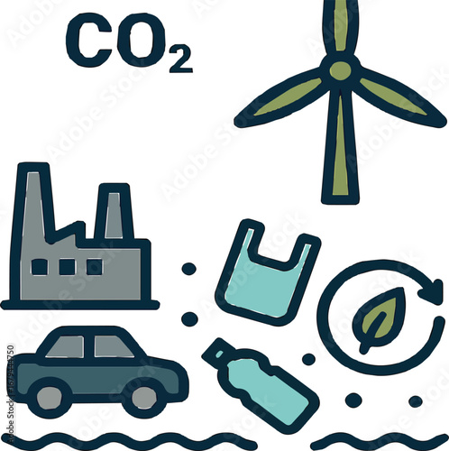 Industrial pollution and renewable energy concepts combined with environmental protection symbols