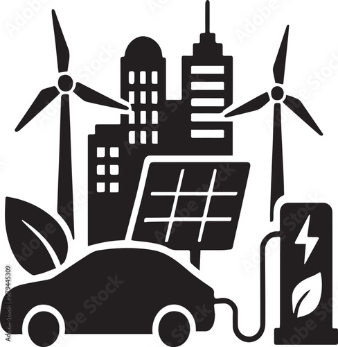 Modern eco-friendly cityscape with electric car charging and renewable energy sources