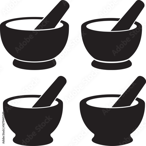 Four black mortar and pestle silhouettes isolated on white background