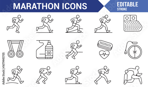 Set of marathon running icons with diverse color options