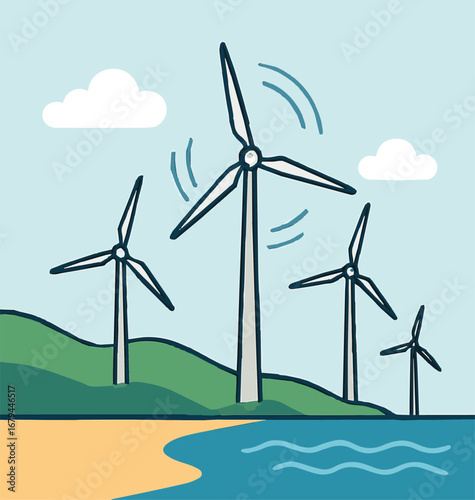 Renewable energy coastal wind farm with lush green hills and blue sky with clouds
