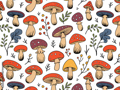 Colorful mushroom pattern seamless vector background with hand-drawn forest fungi, botanical plants, and autumn woodland design for fabric, wallpaper, and nature-inspired decoration