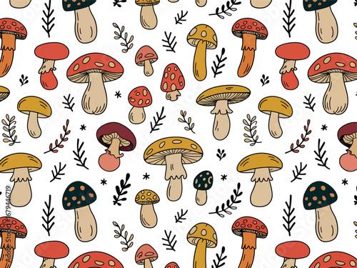 Colorful mushroom pattern seamless vector background with hand-drawn forest fungi, botanical plants, and autumn woodland design for fabric, wallpaper, and nature-inspired decoration