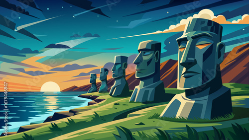 Rapa Nui, Chile: moai aligned on ocean-facing ahu, grassy embankments, deep Pacific horizon. Low raking light, volcanic earth; semi-realistic flat vector with sculptural silhouettes and contemplative 