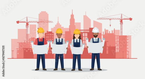 Diverse team of construction workers holding blueprints in front of a city skyline with cranes, symbolizing urban development and teamwork.
