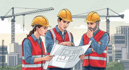 Diverse team of construction engineers and architects collaborating on a project blueprint at a building site