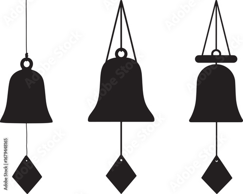 Three black bell silhouettes with diamond pendulums isolated on white background