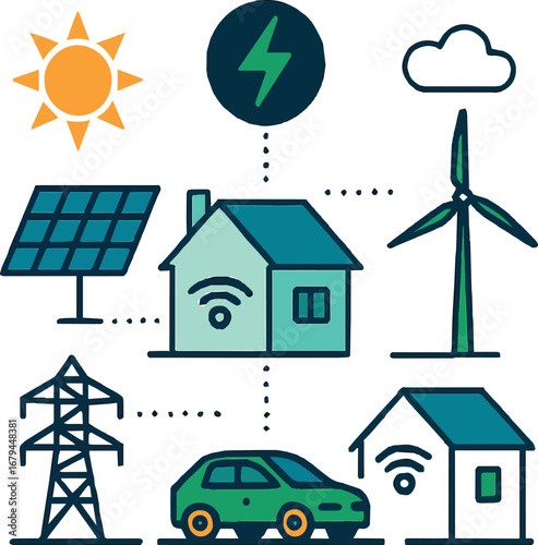 Smart home energy ecosystem featuring solar wind and electric car connected to grid