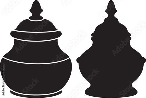 Two ornate antique urns or vases in silhouette isolated on white background