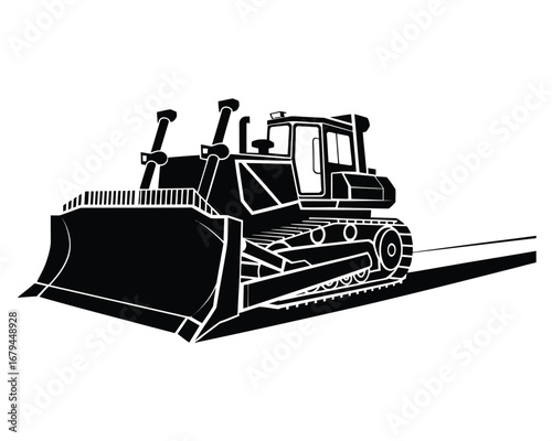 Minimalist digital illustration of a powerful industrial bulldozer. Clean graphic design showing heavy earthmoving equipment for construction and engineering projects