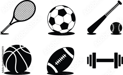 Sports Equipment Icons Minimalist Black and White Illustrations