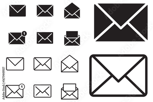 Set of mail envelope icon in linear style. Closed envelope, opened letter, with checkmark and email. Editable stroke. E-mail icon, sign of an incoming unopened message. Vector illustration