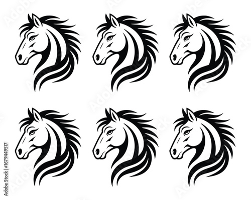 A captivating series of six identical, elegant black and white stylized horse head illustrations, perfect for emblems, logos, or decorative designs, showcasing strength and grace