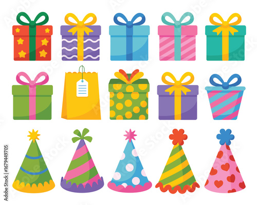 Colorful Party Favors and Celebration Hats A Festive Icon Set