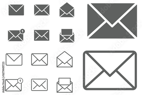Set of mail envelope icon in linear style. Closed envelope, opened letter, with checkmark and email. Editable stroke. E-mail icon, sign of an incoming unopened message. Vector illustration