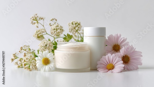 Wallpaper Mural Cream jars and bottles with flowers on white surface Torontodigital.ca