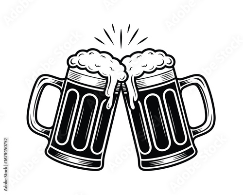 Cheers! Two frothy mugs of beer clinking together in a celebratory toast, captured in a striking black and white vector illustration