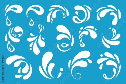 abstract water splash swirl vector set on blue background fluid wave elements 15 designs for graphic decoration