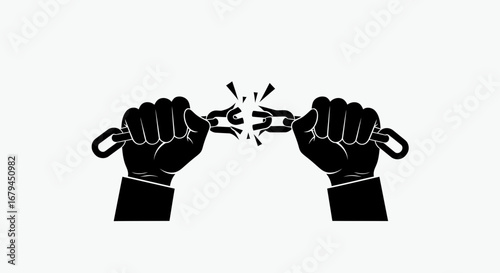 Silhouetted hands forcefully breaking a metal chain, symbolizing freedom, liberation, and overcoming obstacles.