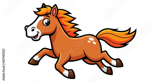 A cheerful cartoon horse is running with a happy expression, showcasing its mane and tail.