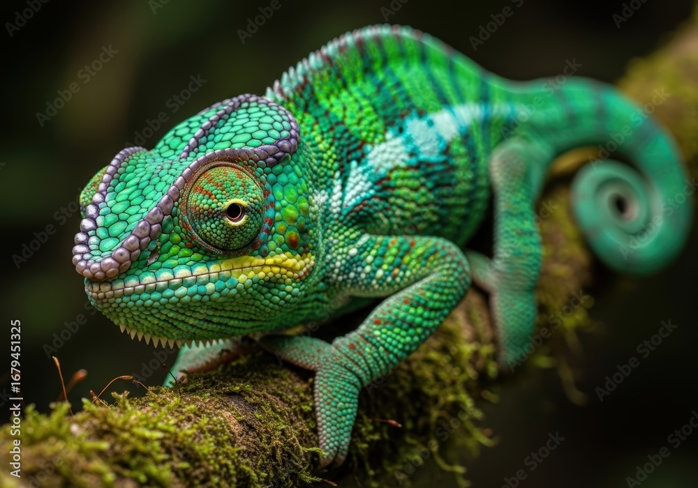 Fototapeta premium Vibrant Chameleon on Branch, Showcasing Nature's Beauty