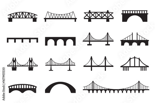 architectural line art vector of 15 bridge icons including arch truss suspension beam and cable stayed variations