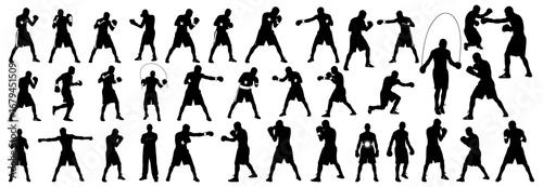 Boxer silhouette collection in black. Fighters punching, sparring, and training with gloves in competitive boxing stances