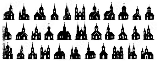 Church silhouette collection in black. Set of churches including gothic, orthodox, catholic, and protestant architectural styles