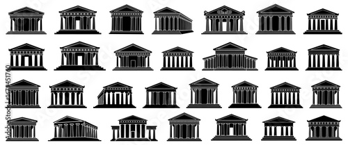 Bank building silhouette collection in black. Set of classical architecture with columns, pediments, ancient temples, and courthouse facades