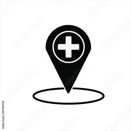 Hospital location pin icon with a cross isolated on white background