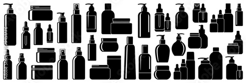 Cosmetic bottle silhouette collection in black. Set of jars, tubes, dispensers, sprays, droppers, and pump containers for beauty care