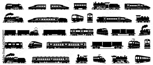 Train silhouette collection in black. Set of steam locomotives, freight wagons, metro, and modern high-speed trains in side view