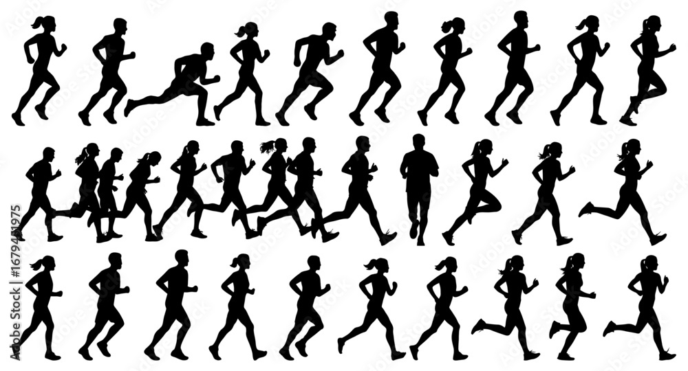 Naklejka premium Running silhouette collection in black. Group of men and women jogging, sprinting, and exercising in dynamic movement